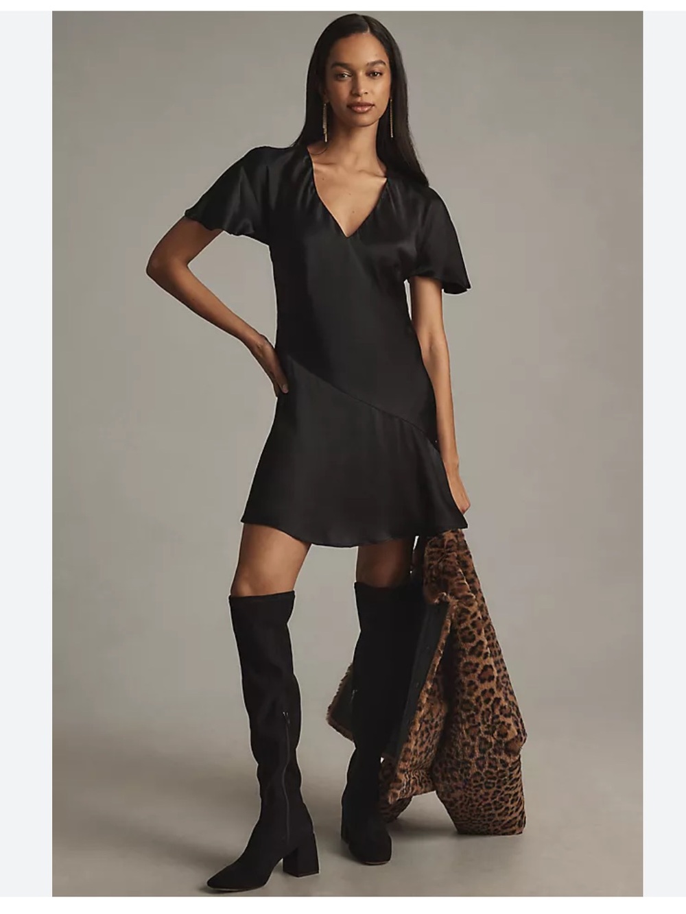 Anthropologie Black Silky Satin Multi Panel Flutter Sleeve Deep V Neck Dress. M